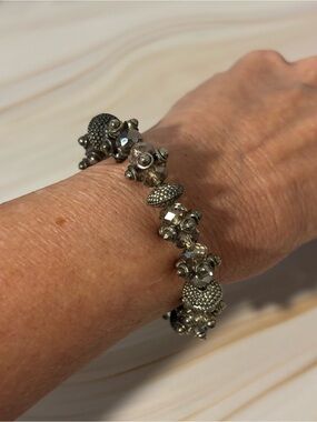 Antiqued Silver & Faceted Glass Beaded Stretch Bracelet